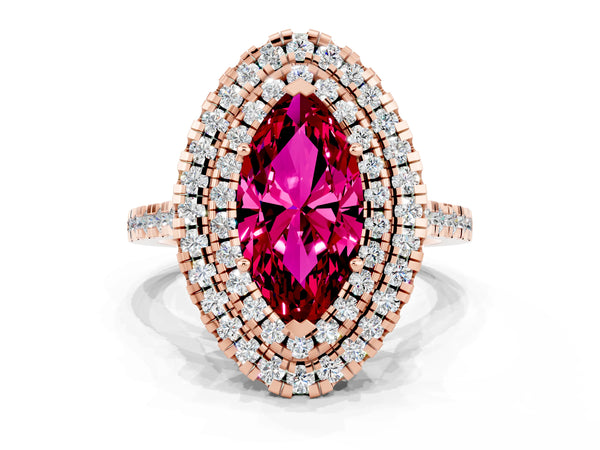Rose gold Double Halo Marquise Cut Garnet Pavé Band with Four-Prong Setting