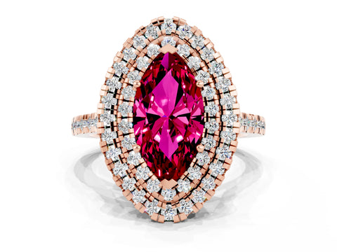 Rose gold Double Halo Marquise Cut Garnet Pavé Band with Four-Prong Setting