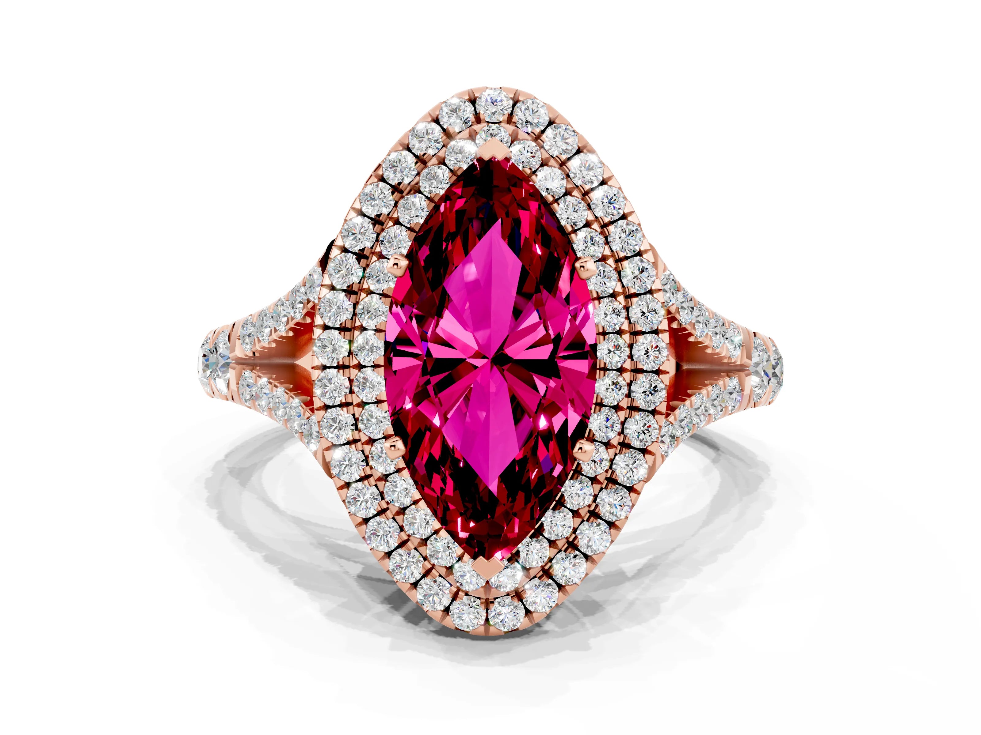 Rose gold Double Halo Marquise Cut Garnet Pavé Split Shank Ring with Prong Setting