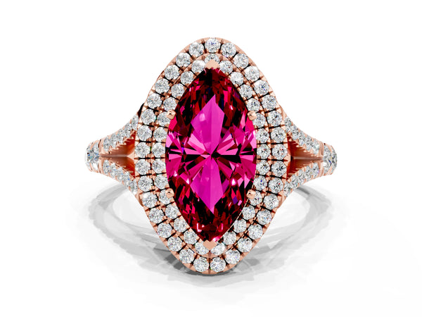 Rose gold Double Halo Marquise Cut Garnet Pavé Split Shank Ring with Prong Setting