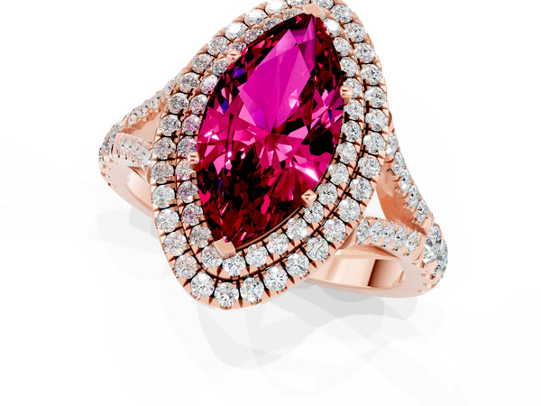 Rose gold Double Halo Marquise Cut Garnet Pavé Split Shank Ring with Prong Setting
