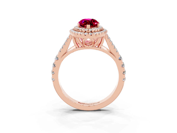 Rose gold Double Halo Marquise Cut Garnet Pavé Split Shank Ring with Prong Setting