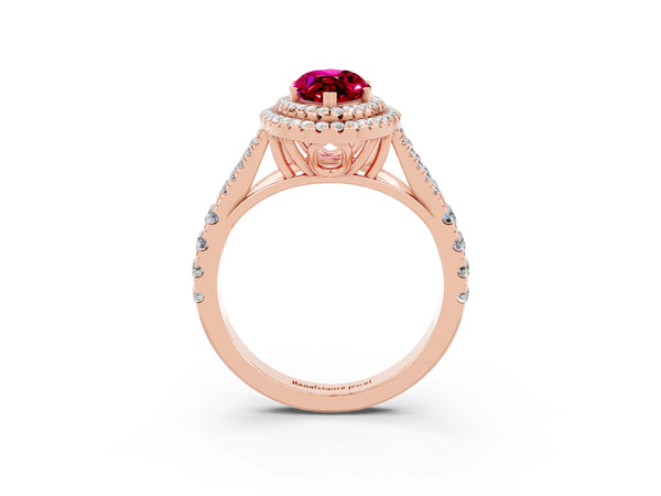 Rose gold Double Halo Marquise Cut Garnet Split Shank Engagement Ring with Four-Prong Setting