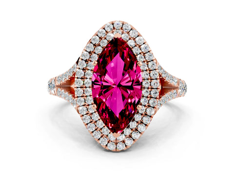 Rose gold Double Halo Marquise Cut Garnet Split Shank Engagement Ring with Four-Prong Setting