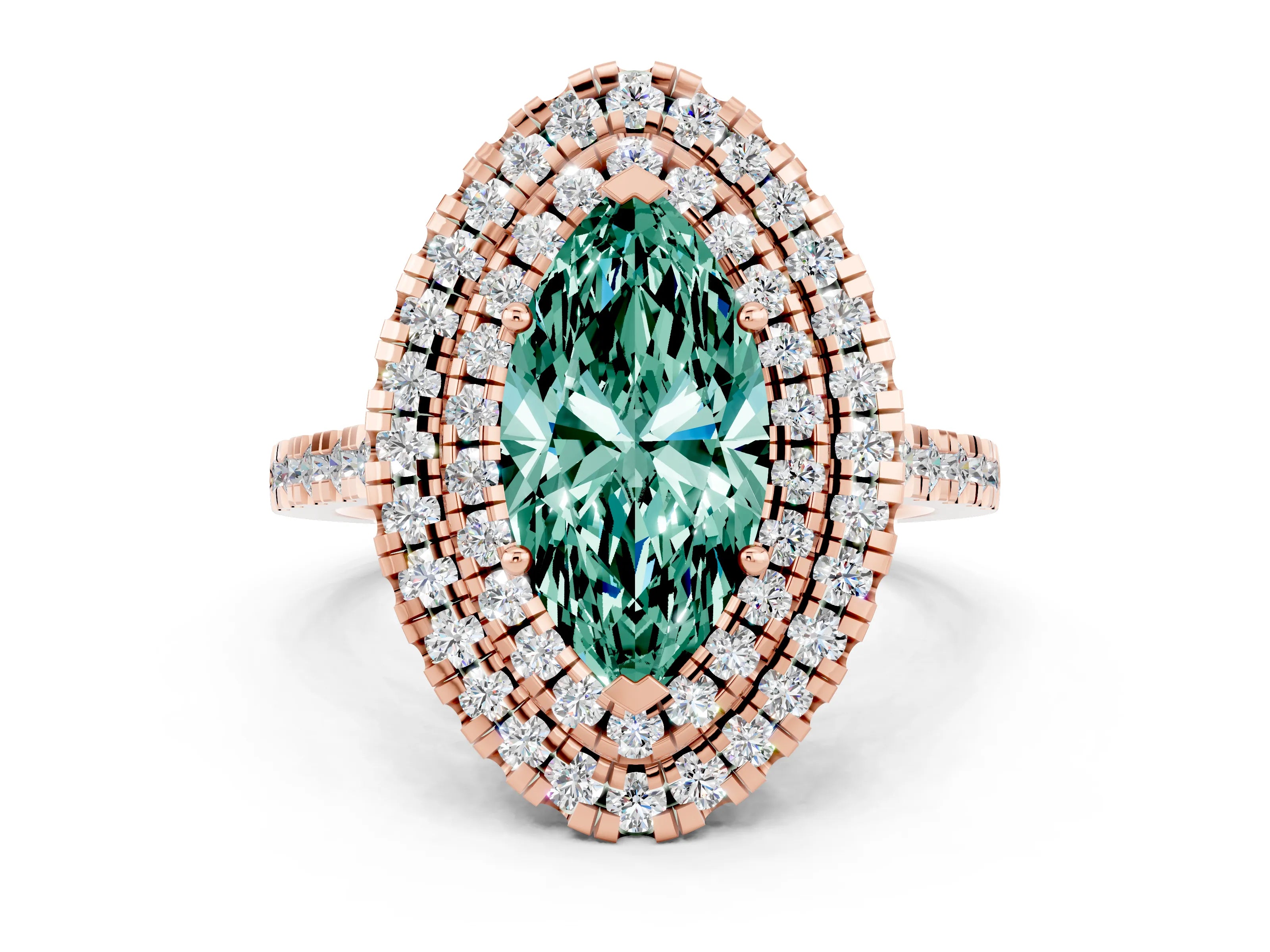 Rose gold Double Halo Marquise Cut Green Sapphire Pavé Band with Four-Prong Setting