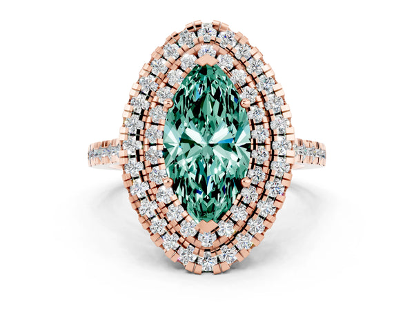 Rose gold Double Halo Marquise Cut Green Sapphire Pavé Band with Four-Prong Setting