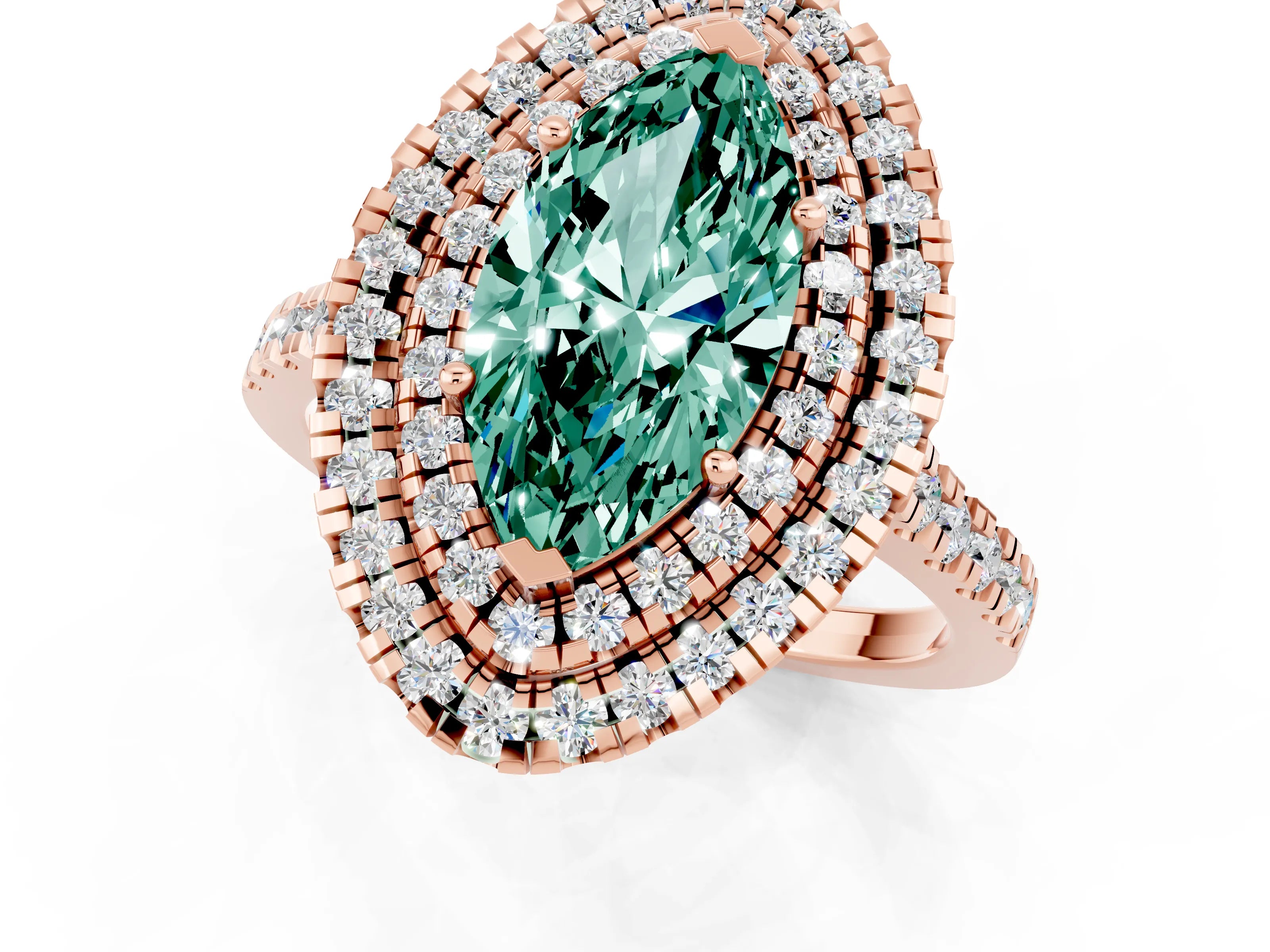 Rose gold Double Halo Marquise Cut Green Sapphire Pavé Band with Four-Prong Setting_1