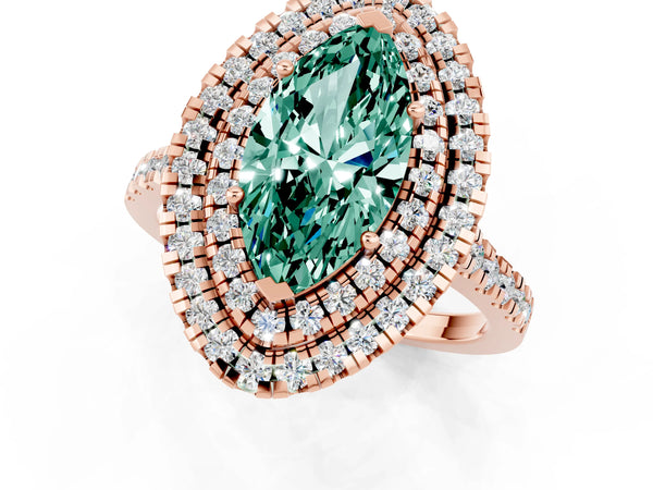 Rose gold Double Halo Marquise Cut Green Sapphire Pavé Band with Four-Prong Setting