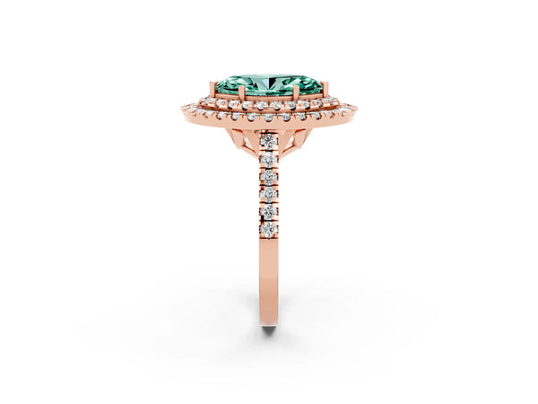 Rose gold Double Halo Marquise Cut Green Sapphire Pavé Band with Four-Prong Setting