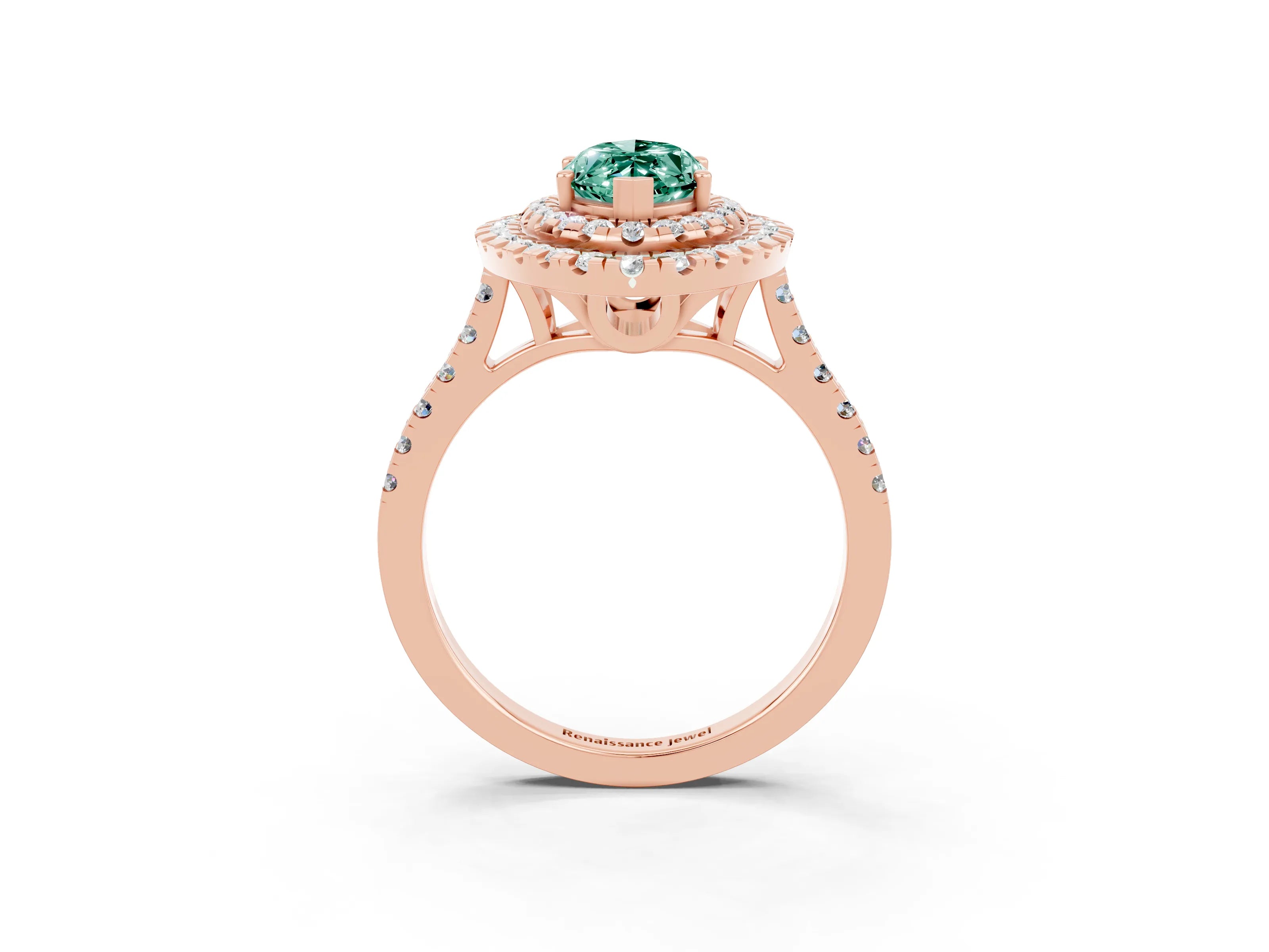 Rose gold Double Halo Marquise Cut Green Sapphire Pavé Band with Four-Prong Setting_3