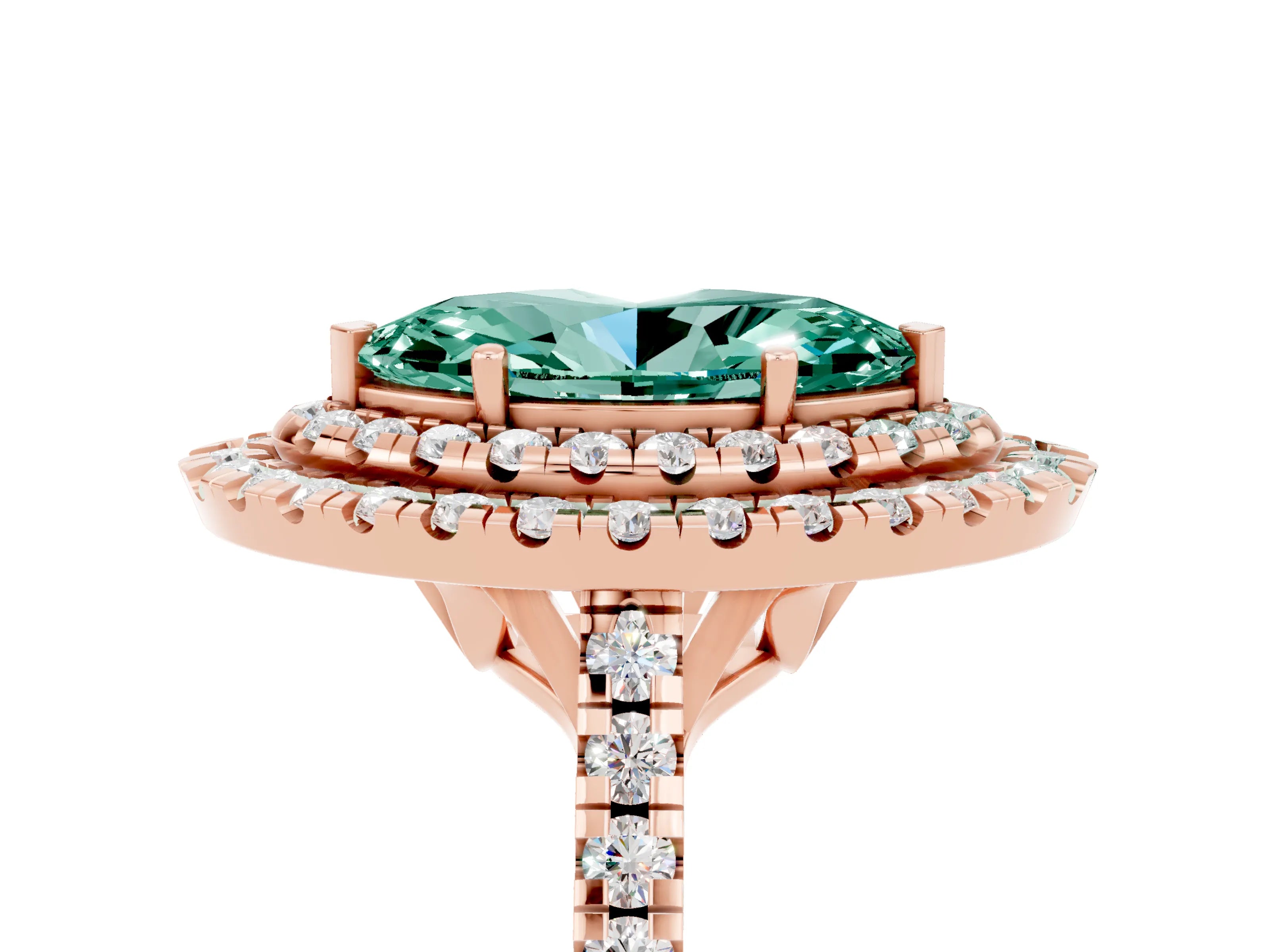 Rose gold Double Halo Marquise Cut Green Sapphire Pavé Band with Four-Prong Setting_5