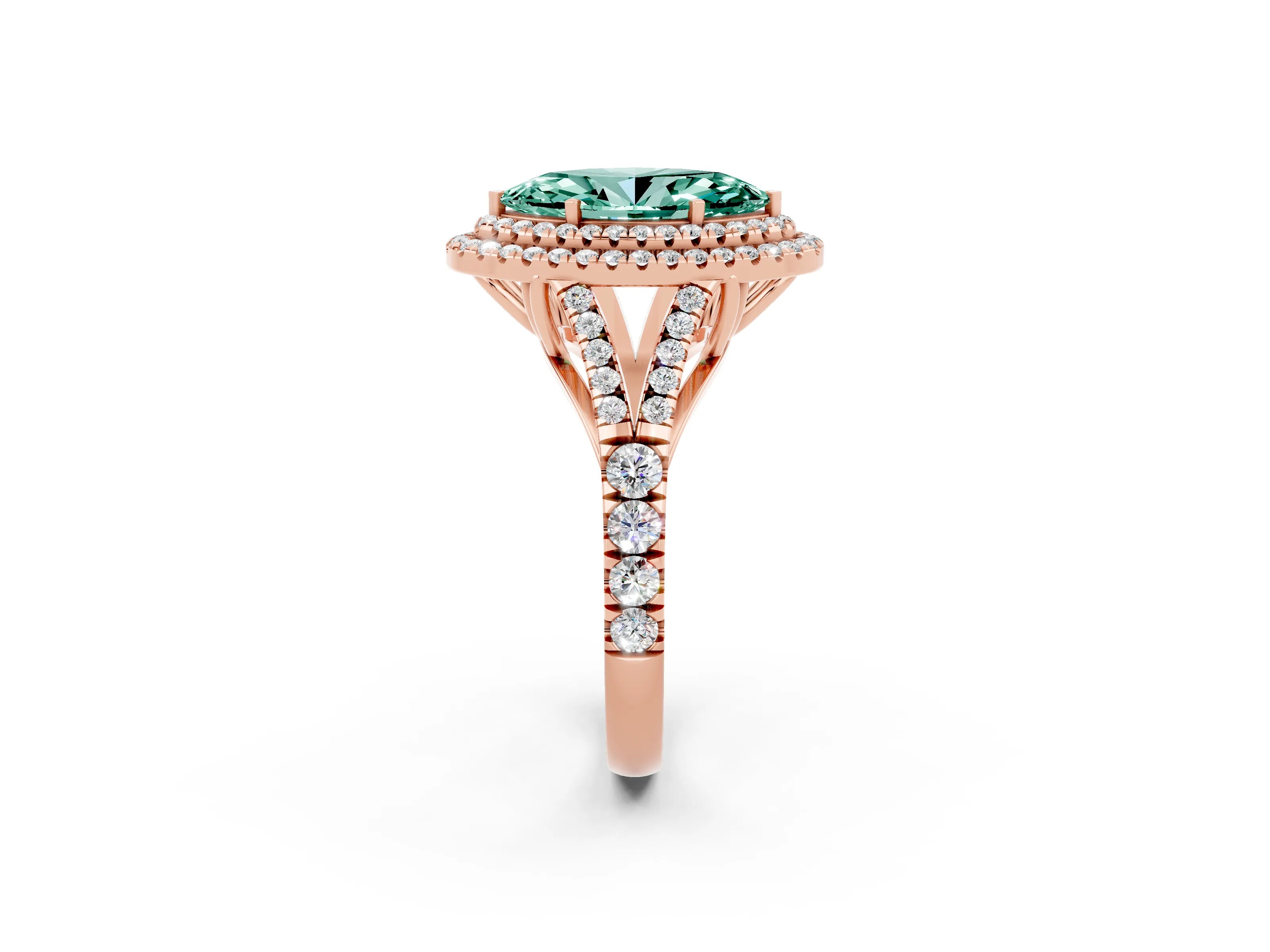 Rose gold Double Halo Marquise Cut Green Sapphire Pavé Split Shank Ring with Prong Setting_2