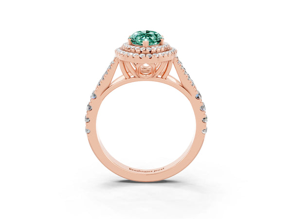 Rose gold Double Halo Marquise Cut Green Sapphire Pavé Split Shank Ring with Prong Setting