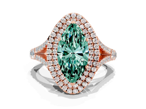 Rose gold Double Halo Marquise Cut Green Sapphire Pavé Split Shank Ring with Prong Setting