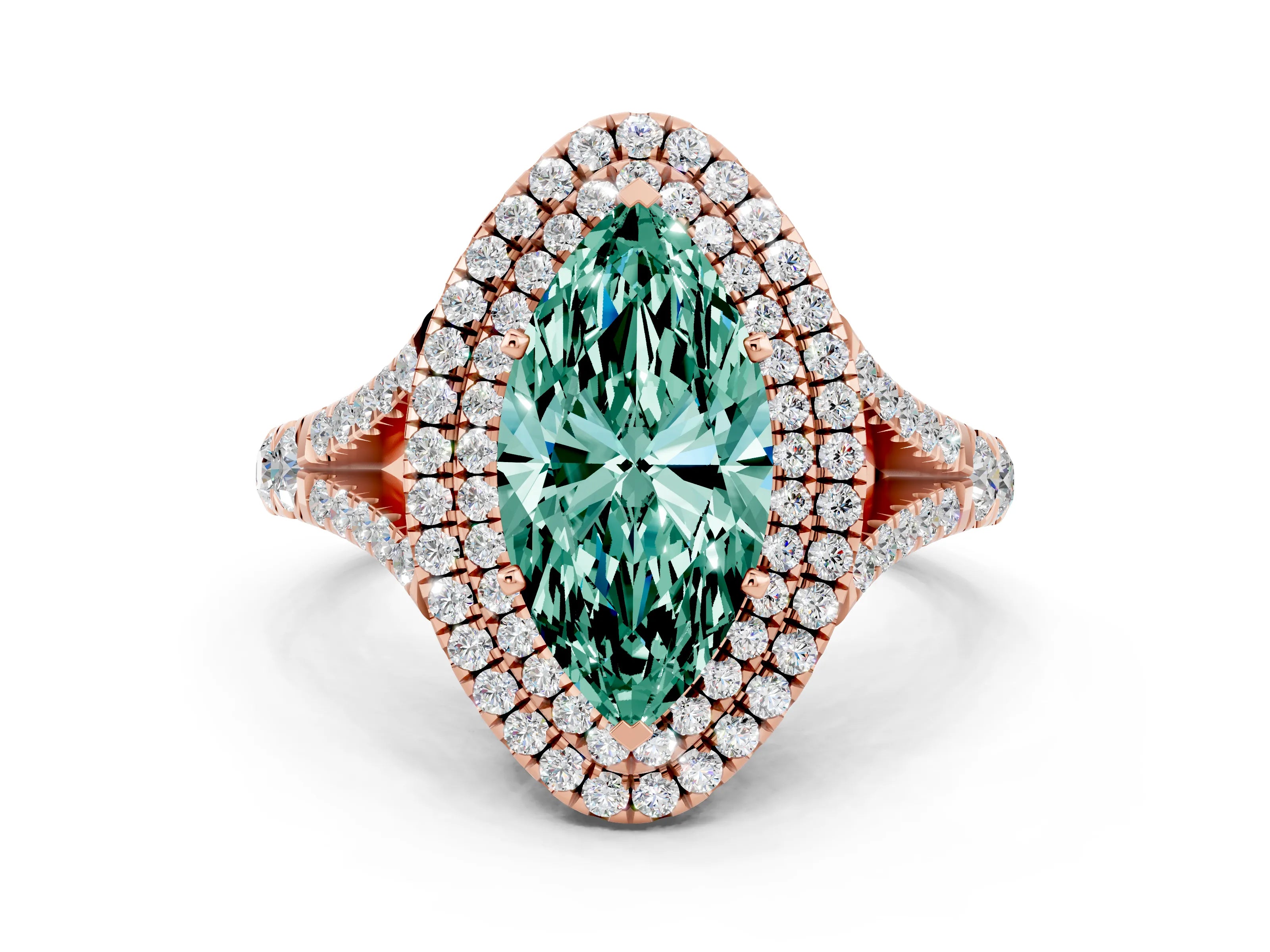 Rose gold Double Halo Marquise Cut Green Sapphire Split Shank Engagement Ring with Four-Prong Setting