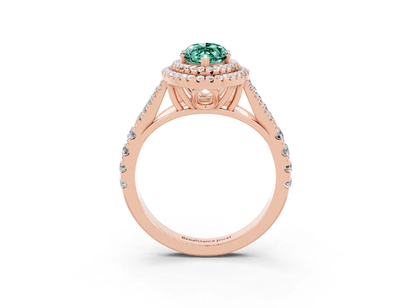 Rose gold Double Halo Marquise Cut Green Sapphire Split Shank Engagement Ring with Four-Prong Setting