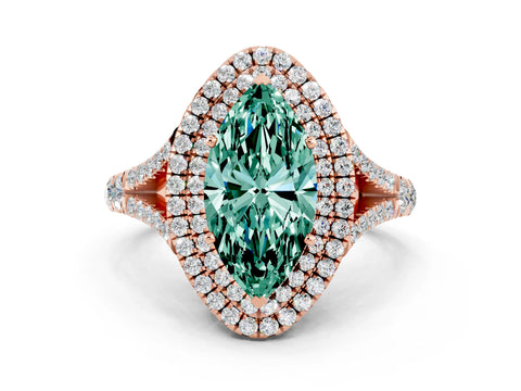Rose gold Double Halo Marquise Cut Green Sapphire Split Shank Engagement Ring with Four-Prong Setting