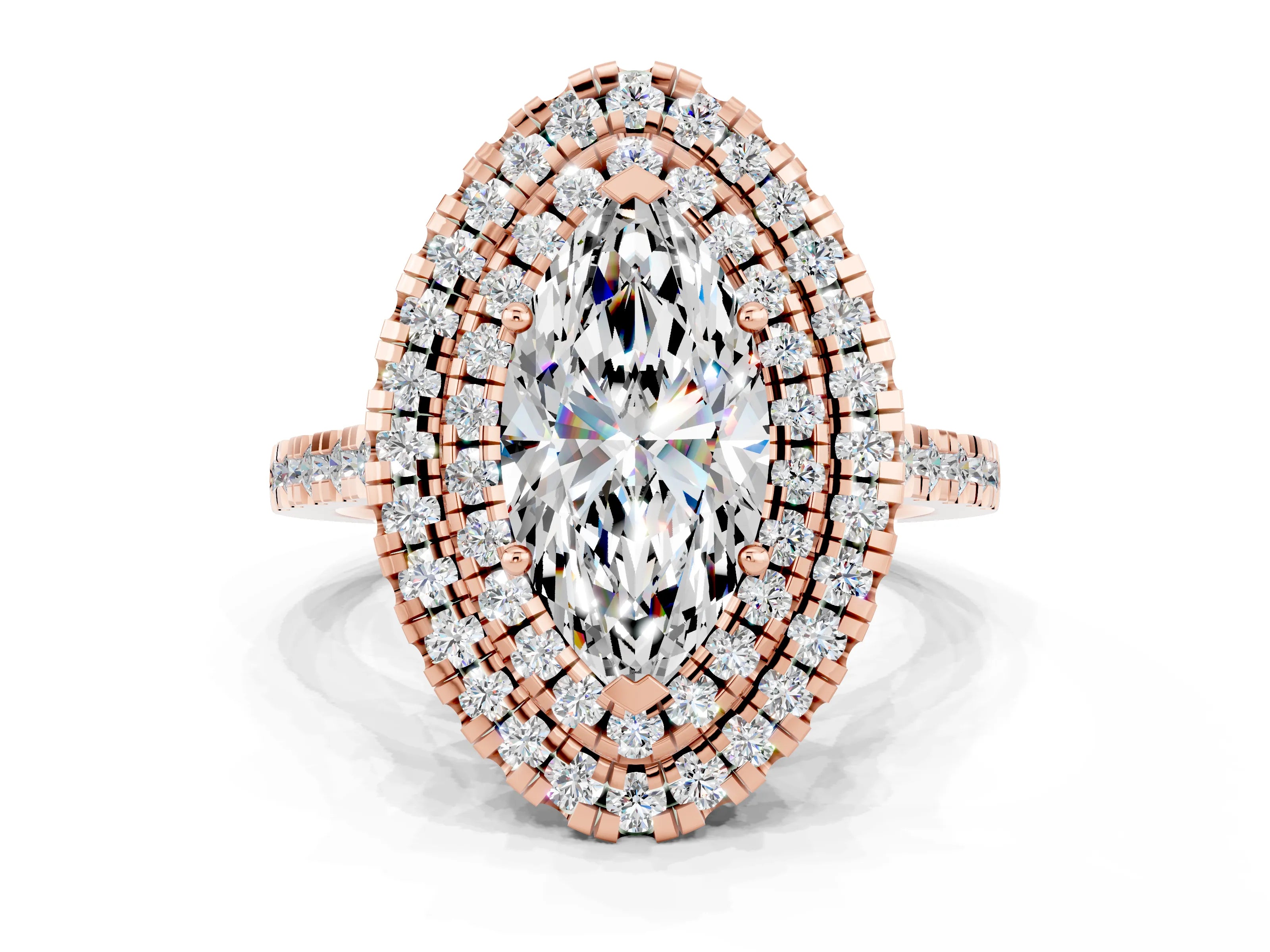 Rose gold Double Halo Marquise Cut Moissanite Pavé Band with Four-Prong Setting