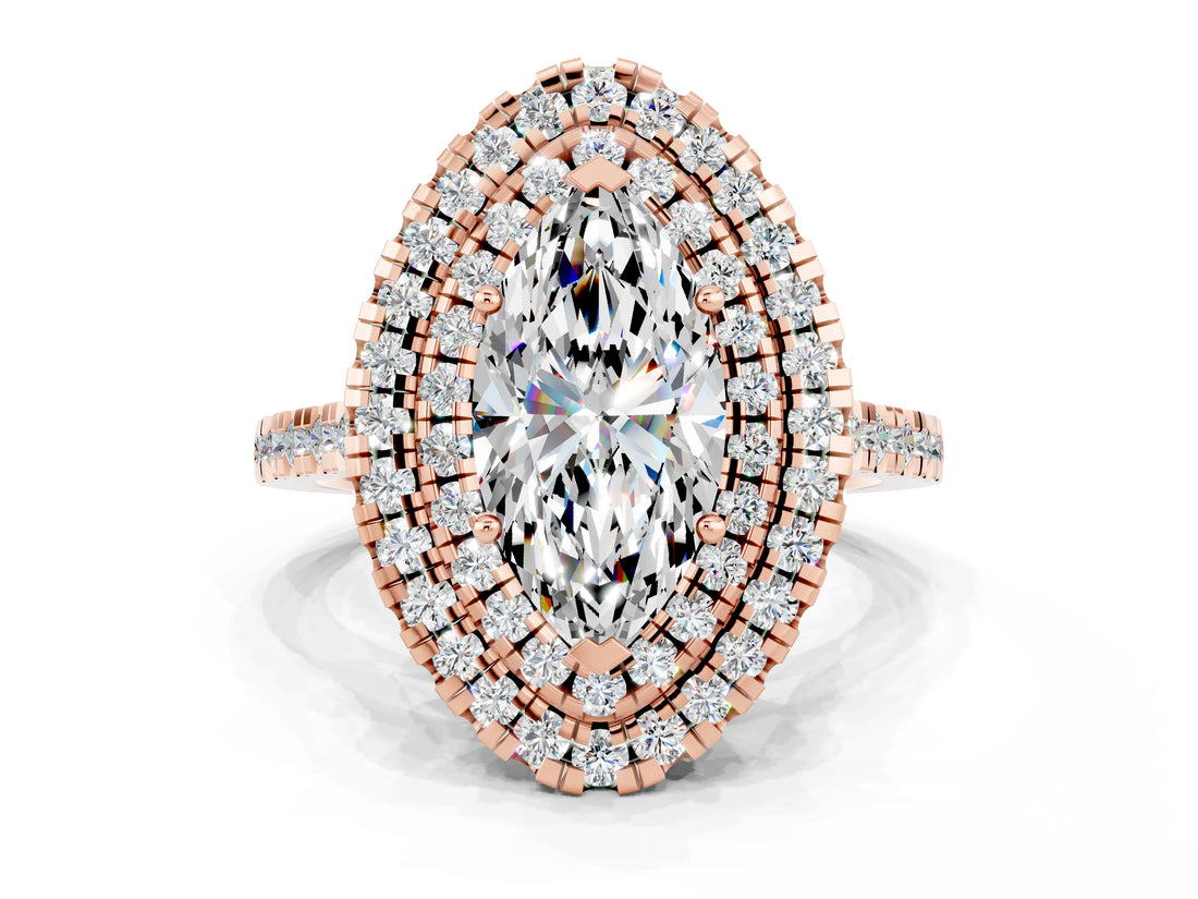 Rose gold Double Halo Marquise Cut Moissanite Pavé Band with Four-Prong Setting