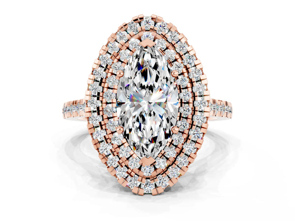 Rose gold Double Halo Marquise Cut Moissanite Pavé Band with Four-Prong Setting