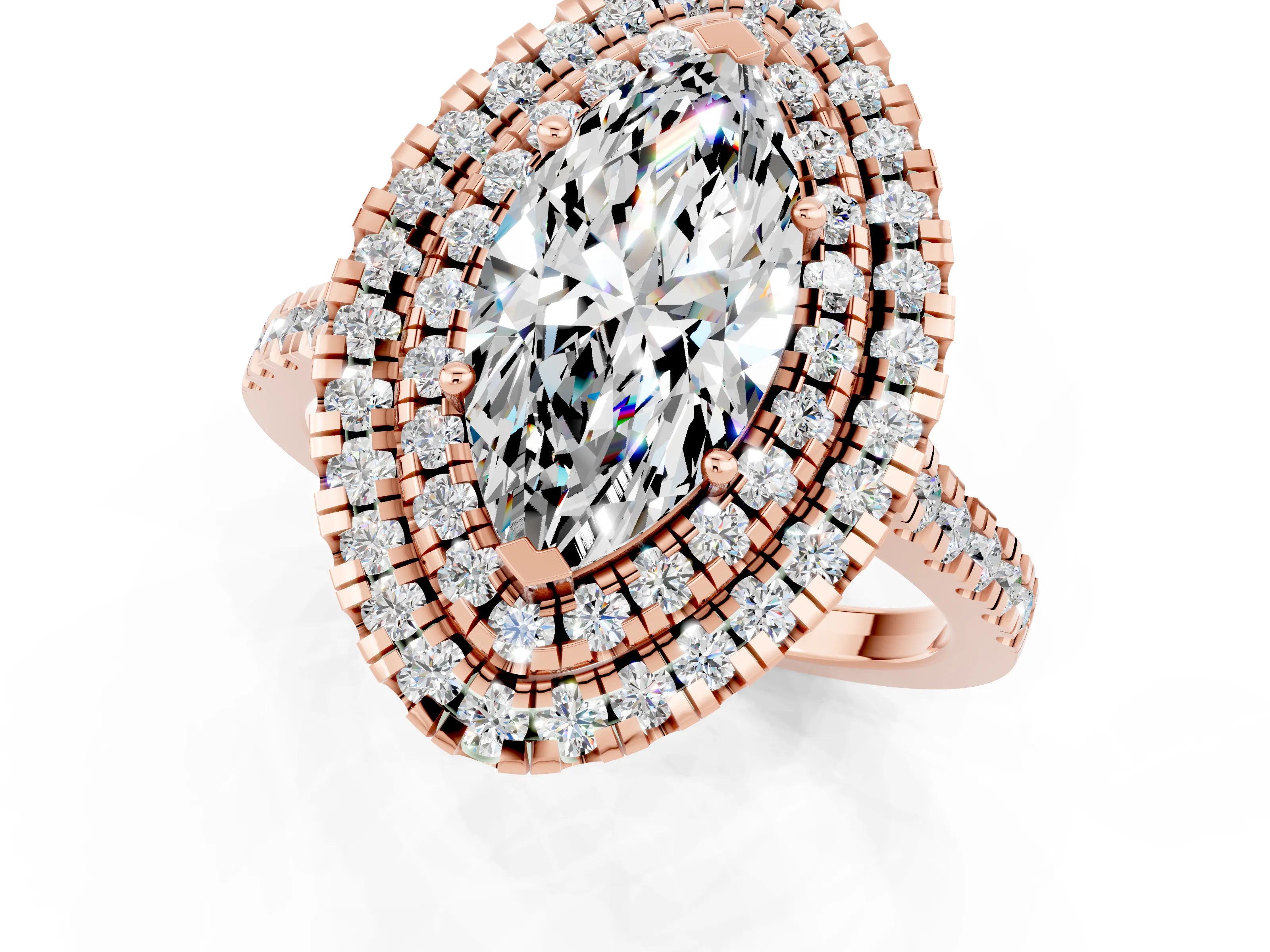 Rose gold Double Halo Marquise Cut Moissanite Pavé Band with Four-Prong Setting_1