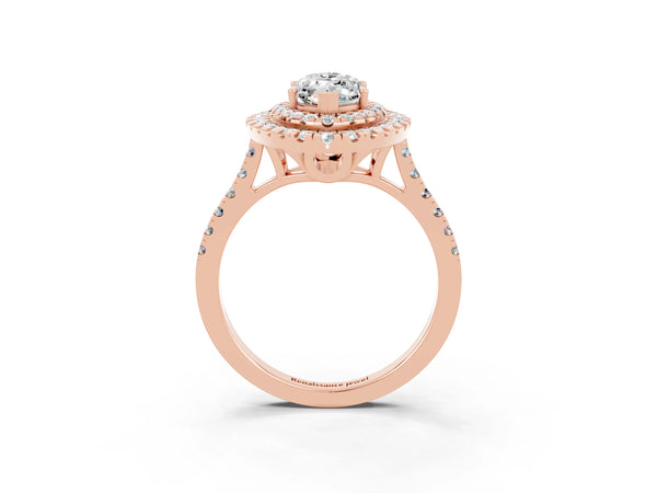 Rose gold Double Halo Marquise Cut Moissanite Pavé Band with Four-Prong Setting