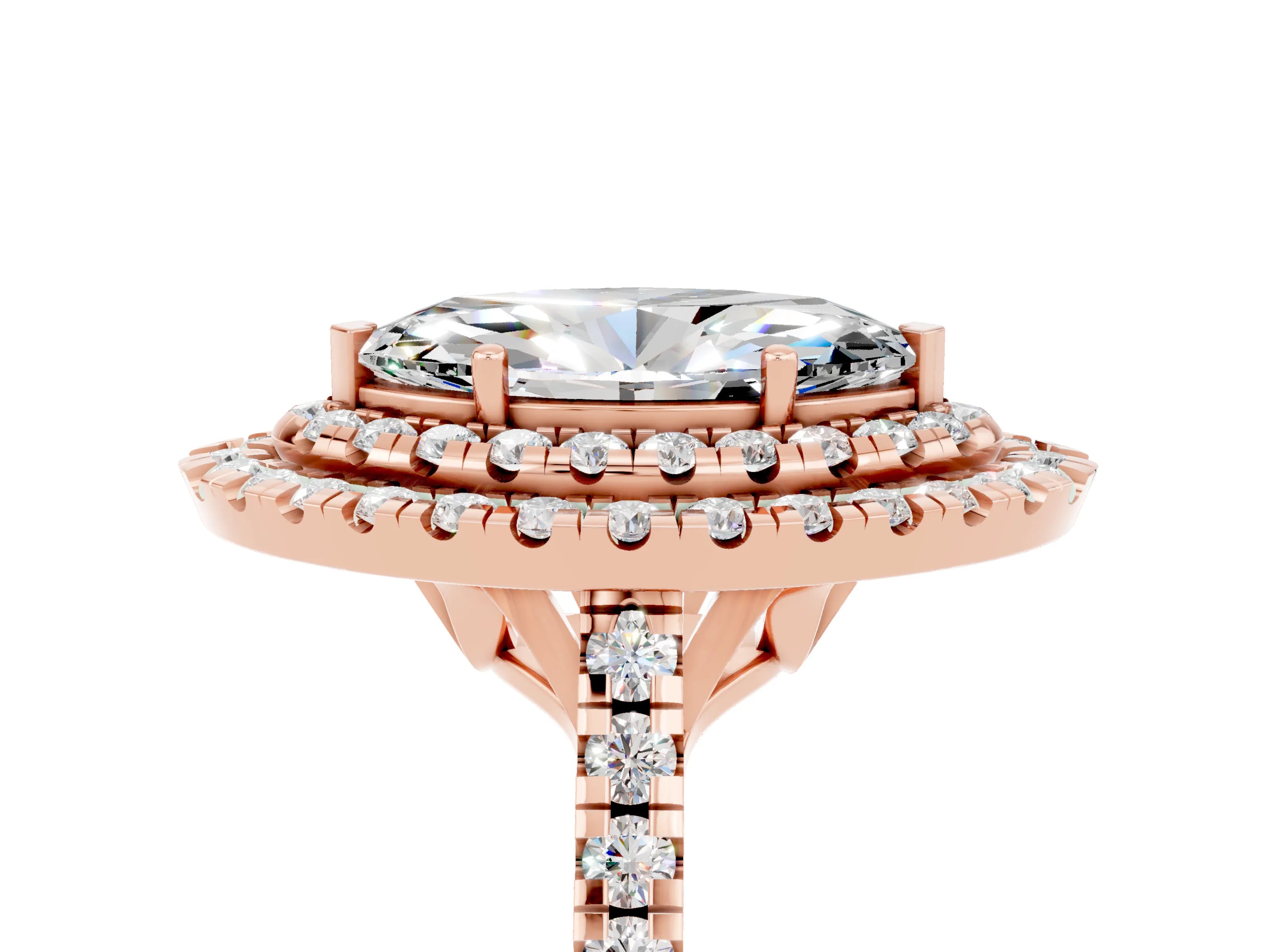 Rose gold Double Halo Marquise Cut Moissanite Pavé Band with Four-Prong Setting_5