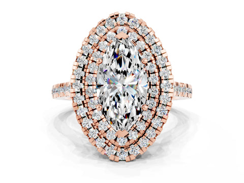 Rose gold Double Halo Marquise Cut Moissanite Pavé Band with Four-Prong Setting