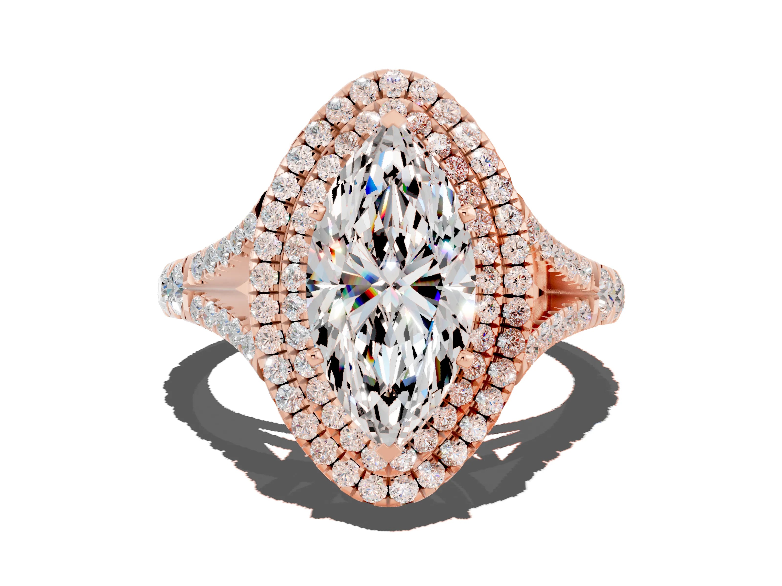 Rose gold Double Halo Marquise Cut Moissanite Pavé Split Shank Ring with Prong Setting