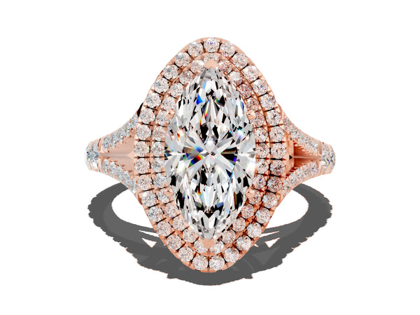 Rose gold Double Halo Marquise Cut Moissanite Pavé Split Shank Ring with Prong Setting