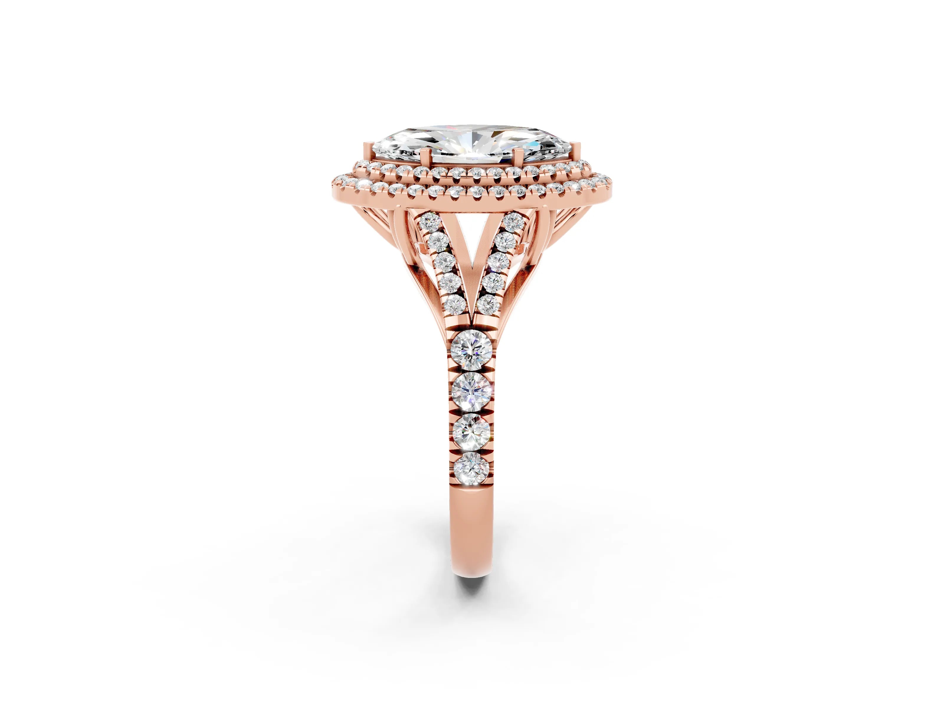 Rose gold Double Halo Marquise Cut Moissanite Pavé Split Shank Ring with Prong Setting_2