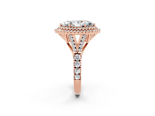 Rose gold Double Halo Marquise Cut Moissanite Pavé Split Shank Ring with Prong Setting