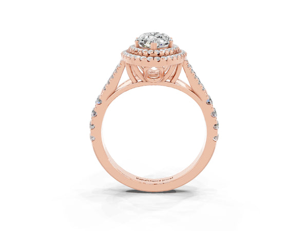 Rose gold Double Halo Marquise Cut Moissanite Pavé Split Shank Ring with Prong Setting
