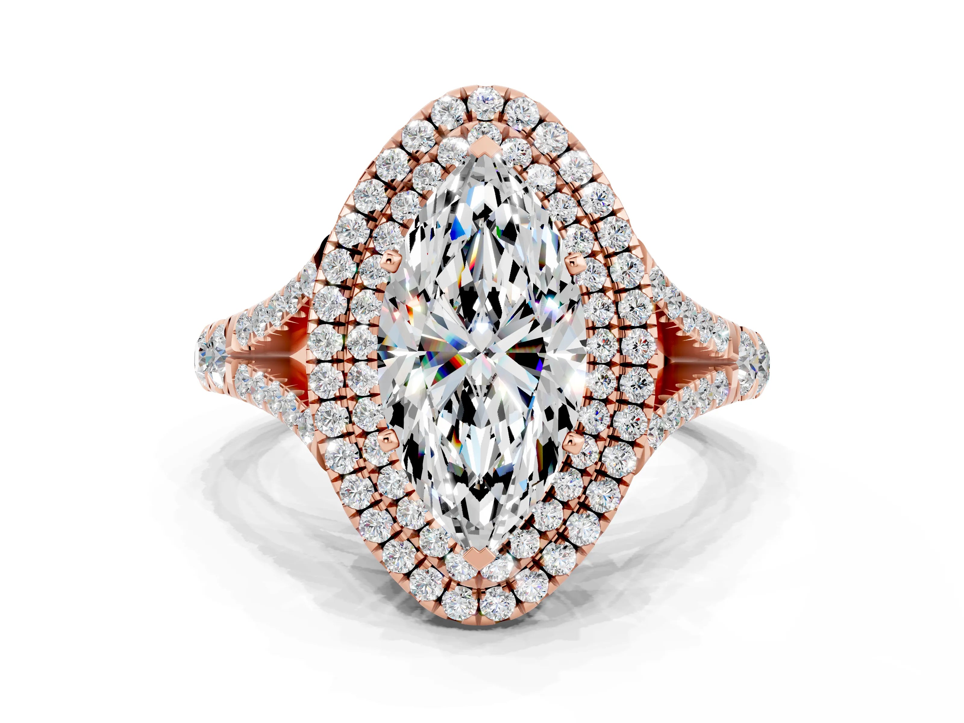 Rose gold Double Halo Marquise Cut Moissanite Split Shank Engagement Ring with Four-Prong Setting