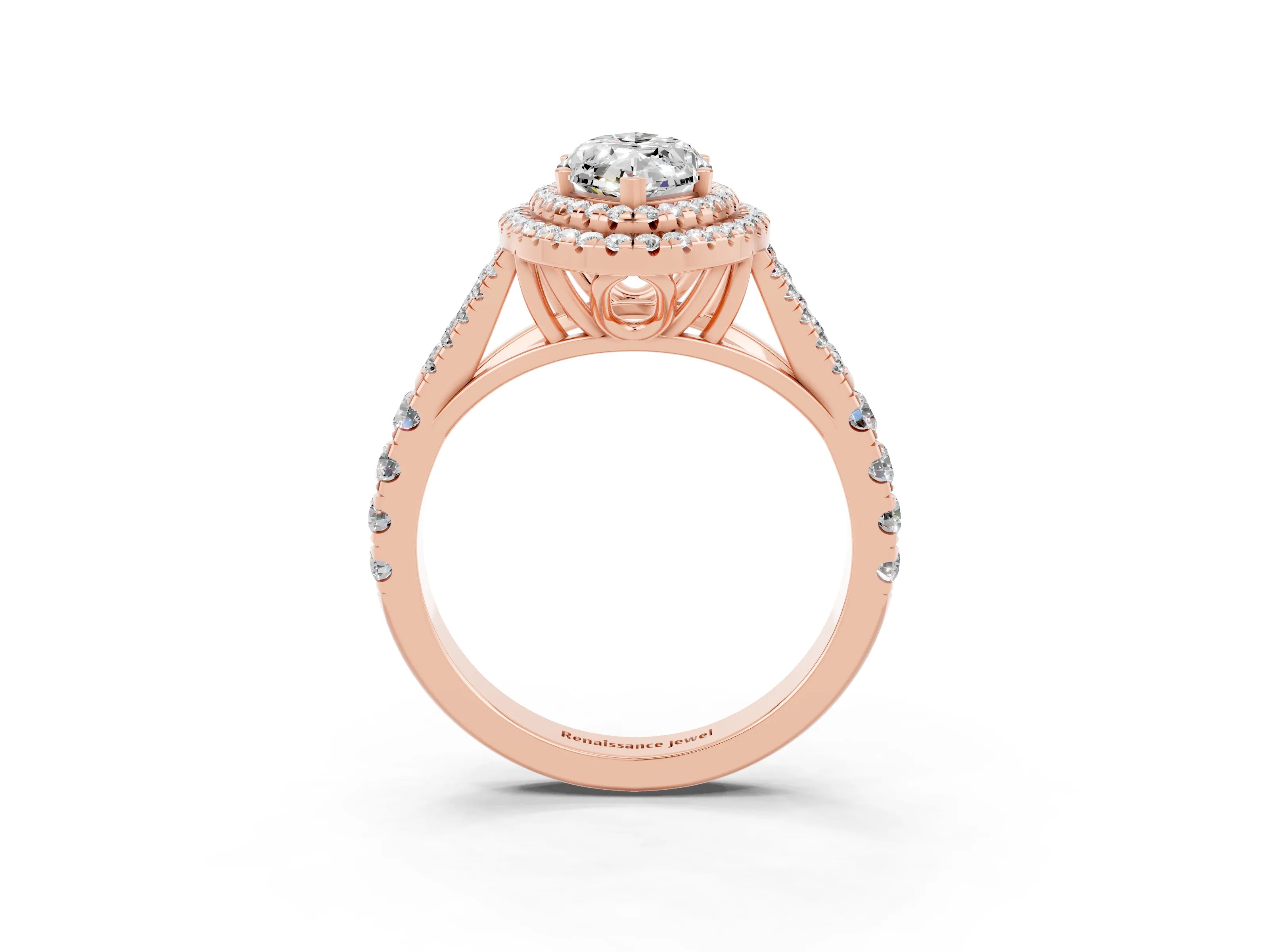 Rose gold Double Halo Marquise Cut Moissanite Split Shank Engagement Ring with Four-Prong Setting_3