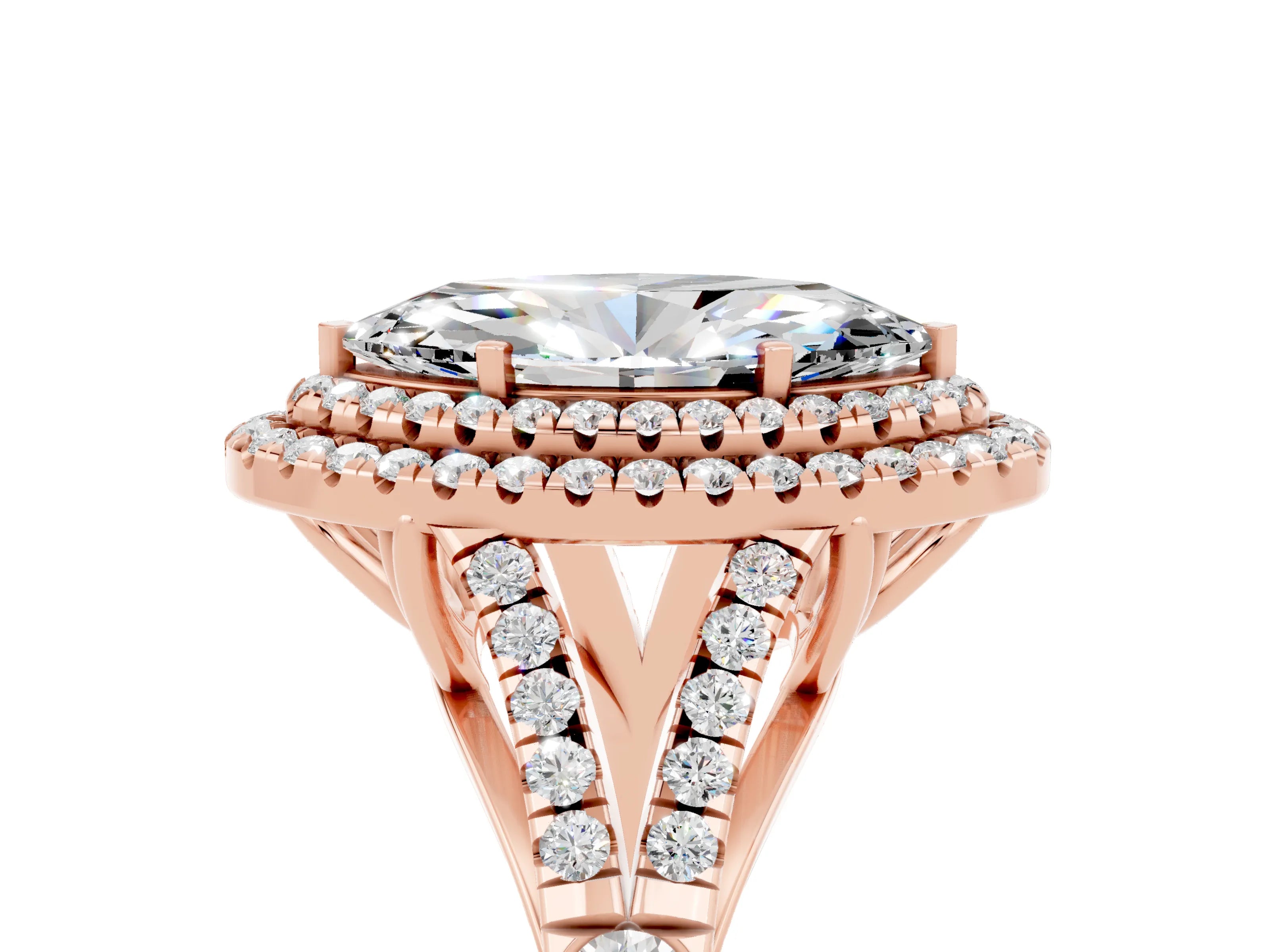 Rose gold Double Halo Marquise Cut Moissanite Split Shank Engagement Ring with Four-Prong Setting_5