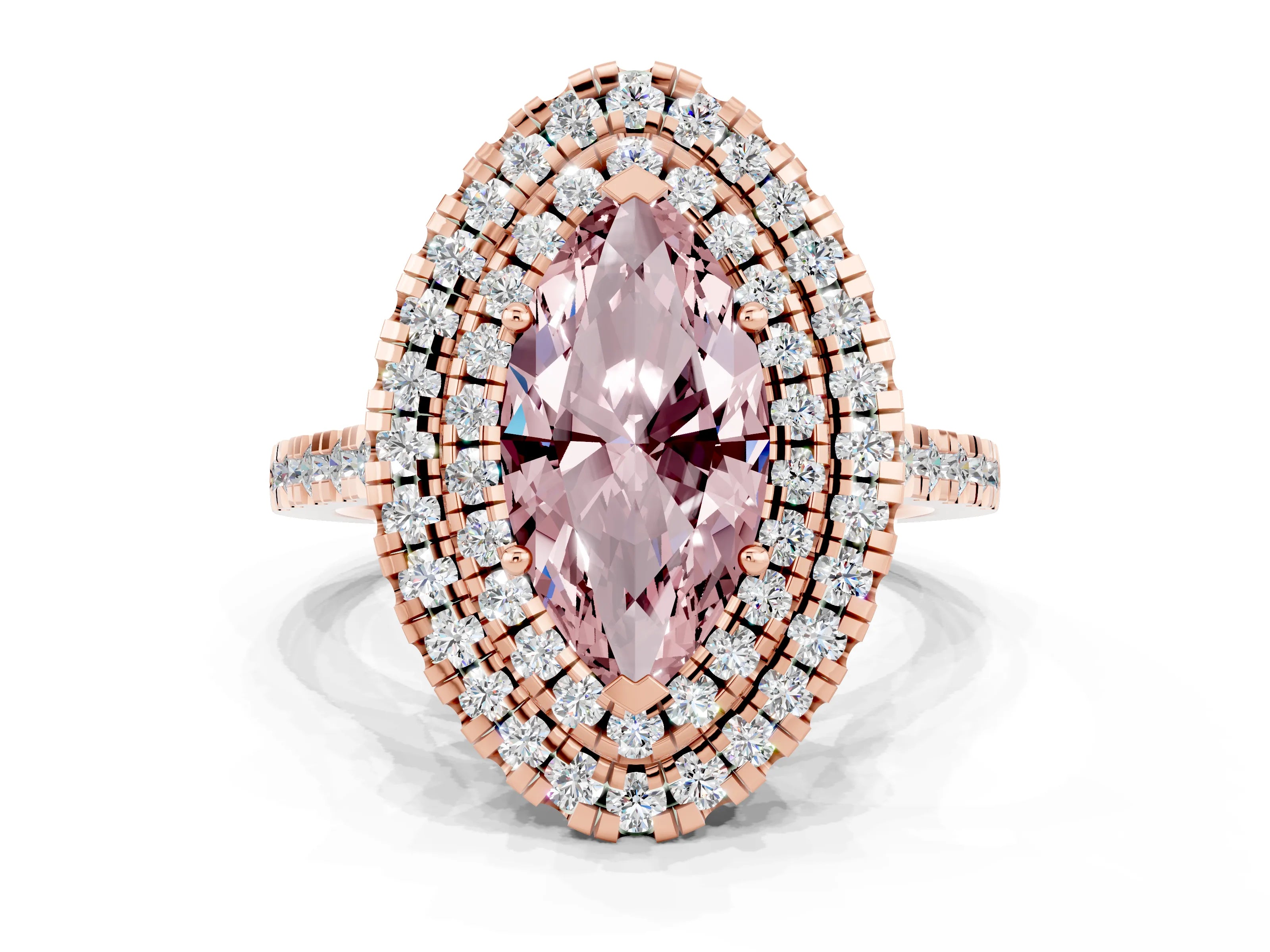 Rose gold Double Halo Marquise Cut Morganite Pavé Band with Four-Prong Setting