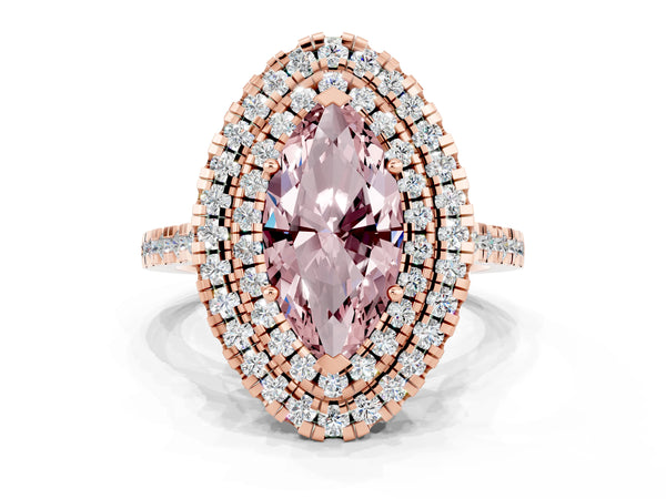Rose gold Double Halo Marquise Cut Morganite Pavé Band with Four-Prong Setting