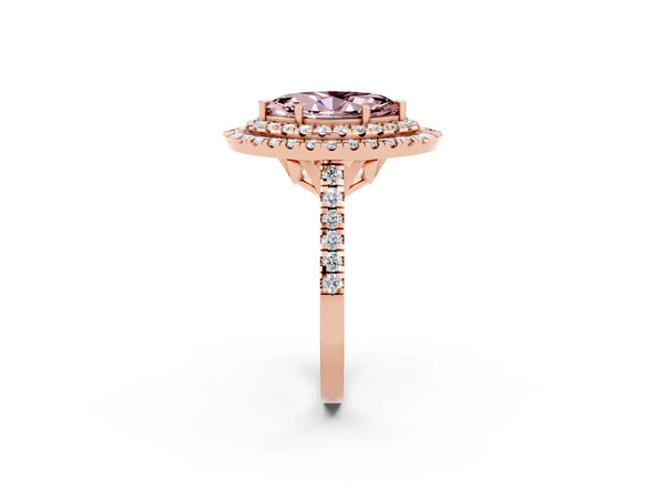 Rose gold Double Halo Marquise Cut Morganite Pavé Band with Four-Prong Setting