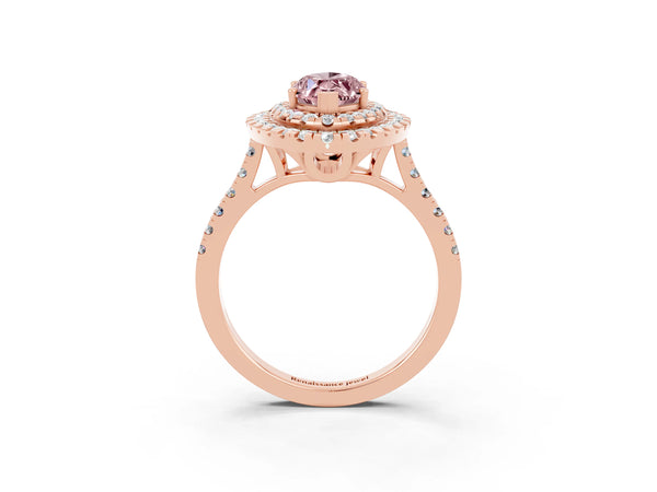 Rose gold Double Halo Marquise Cut Morganite Pavé Band with Four-Prong Setting