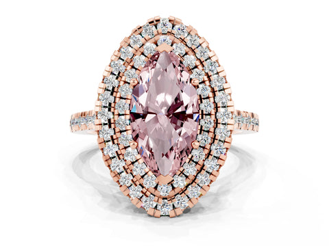Rose gold Double Halo Marquise Cut Morganite Pavé Band with Four-Prong Setting
