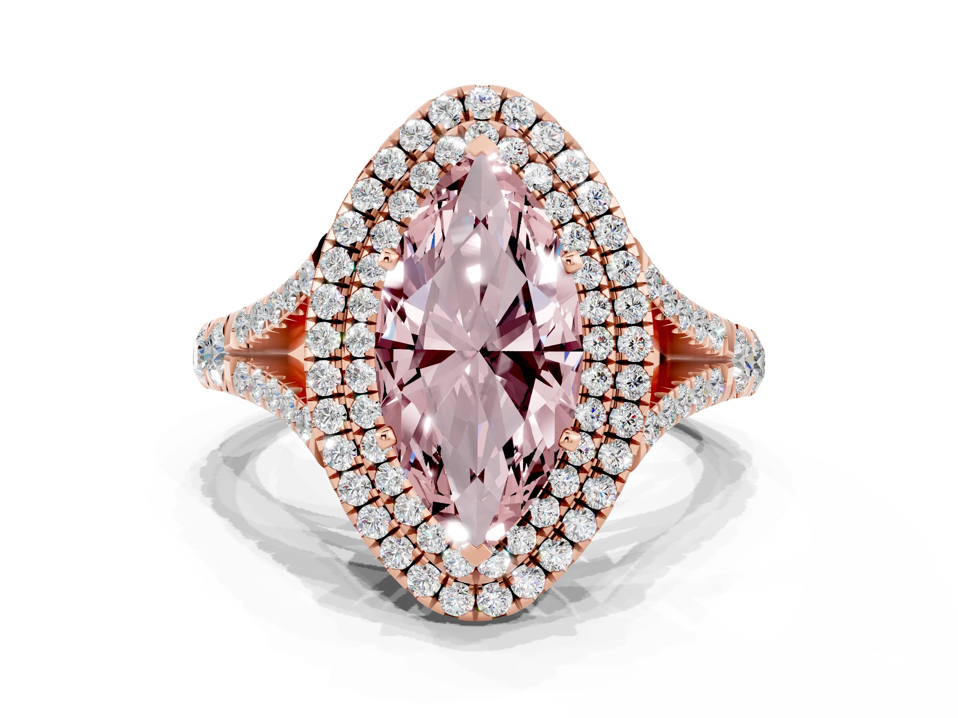 Rose gold Double Halo Marquise Cut Morganite Pavé Split Shank Ring with Prong Setting