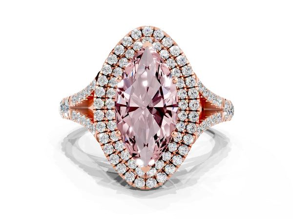 Rose gold Double Halo Marquise Cut Morganite Pavé Split Shank Ring with Prong Setting