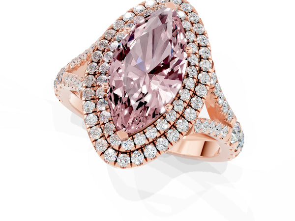 Rose gold Double Halo Marquise Cut Morganite Pavé Split Shank Ring with Prong Setting
