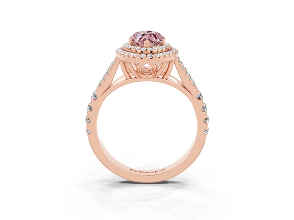 Rose gold Double Halo Marquise Cut Morganite Pavé Split Shank Ring with Prong Setting