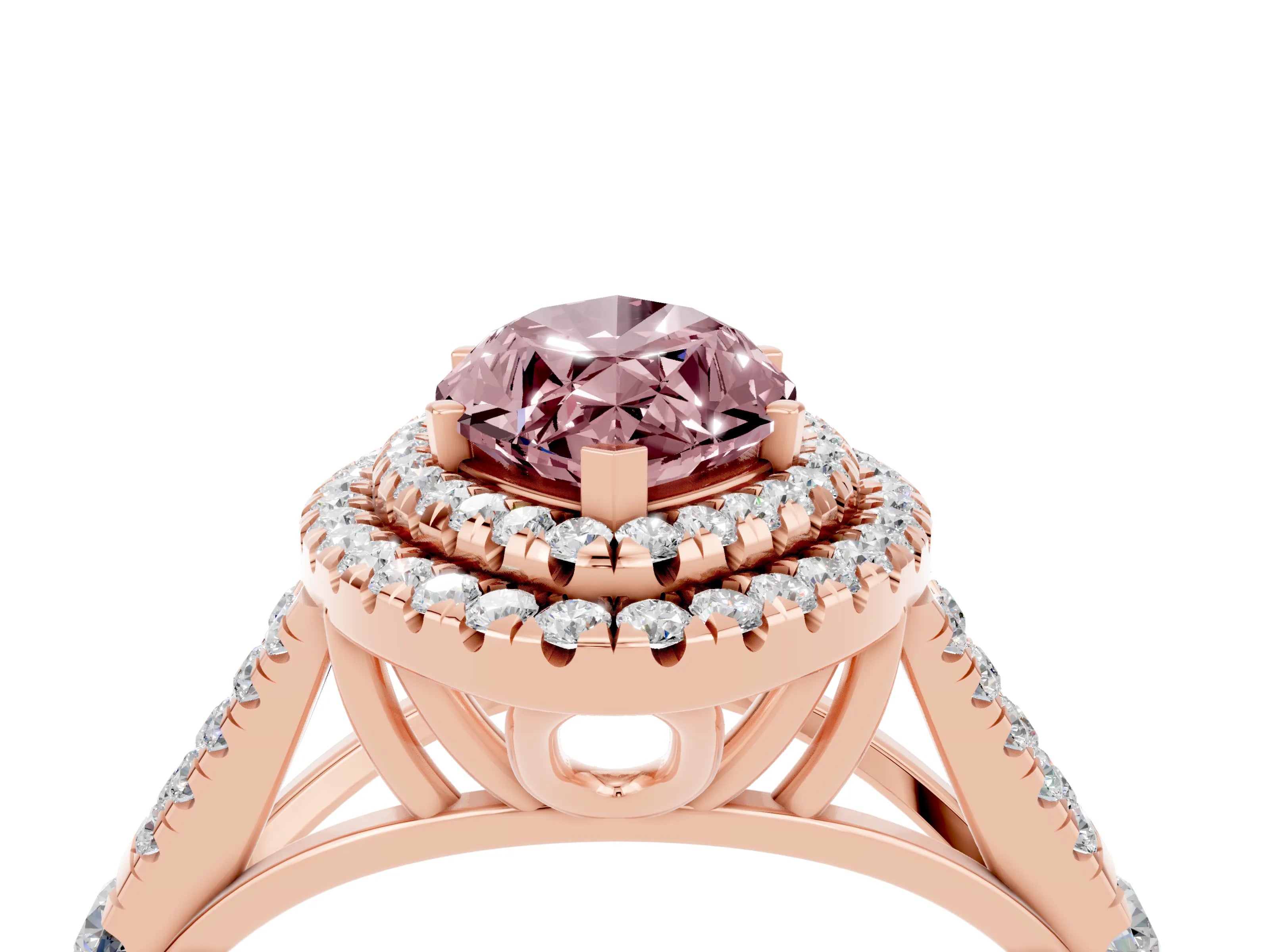 Rose gold Double Halo Marquise Cut Morganite Pavé Split Shank Ring with Prong Setting_4