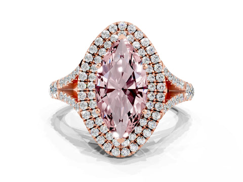 Rose gold Double Halo Marquise Cut Morganite Pavé Split Shank Ring with Prong Setting