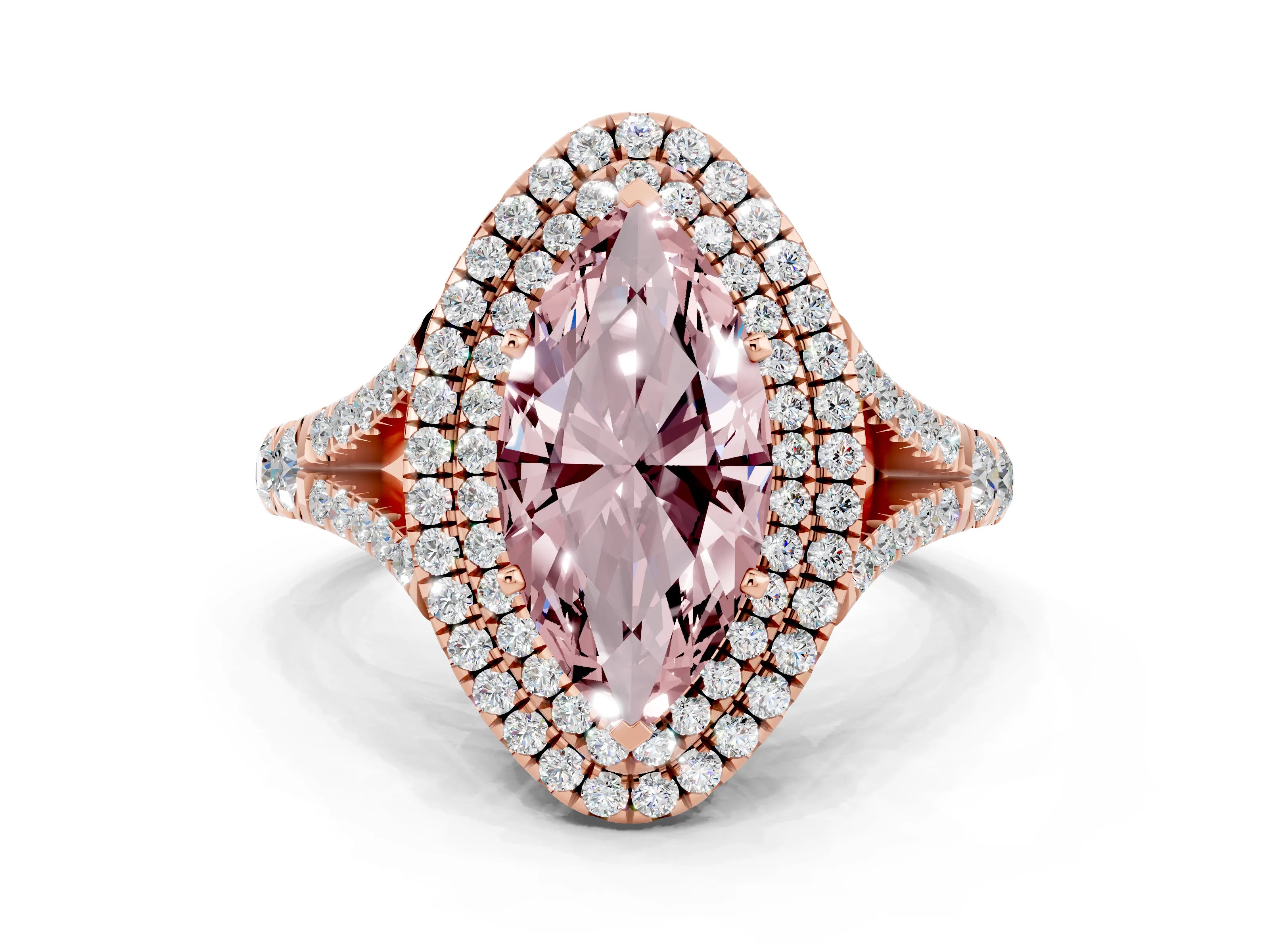 Rose gold Double Halo Marquise Cut Morganite Split Shank Engagement Ring with Four-Prong Setting