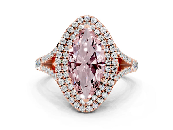 Rose gold Double Halo Marquise Cut Morganite Split Shank Engagement Ring with Four-Prong Setting