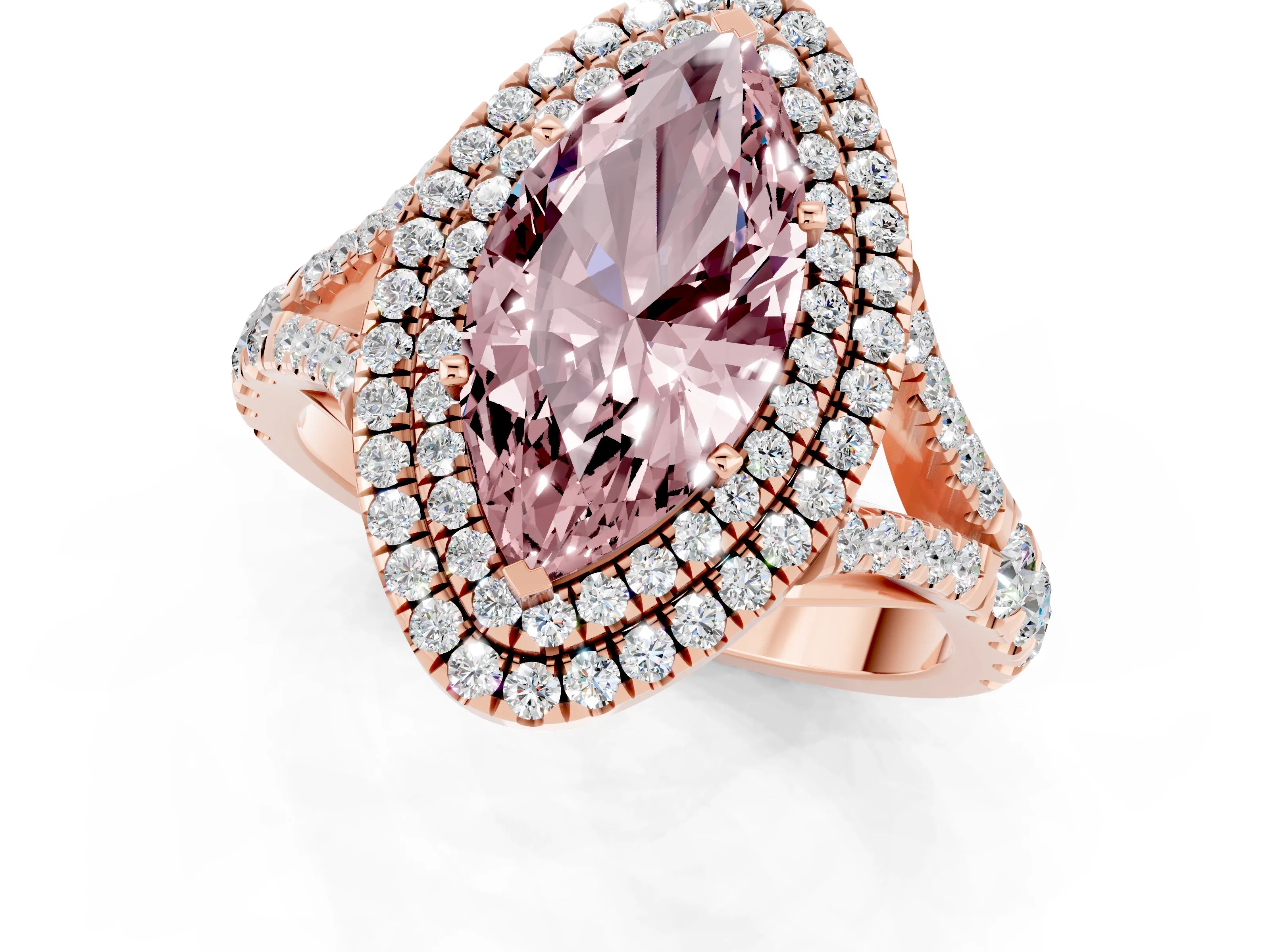 Rose gold Double Halo Marquise Cut Morganite Split Shank Engagement Ring with Four-Prong Setting_1